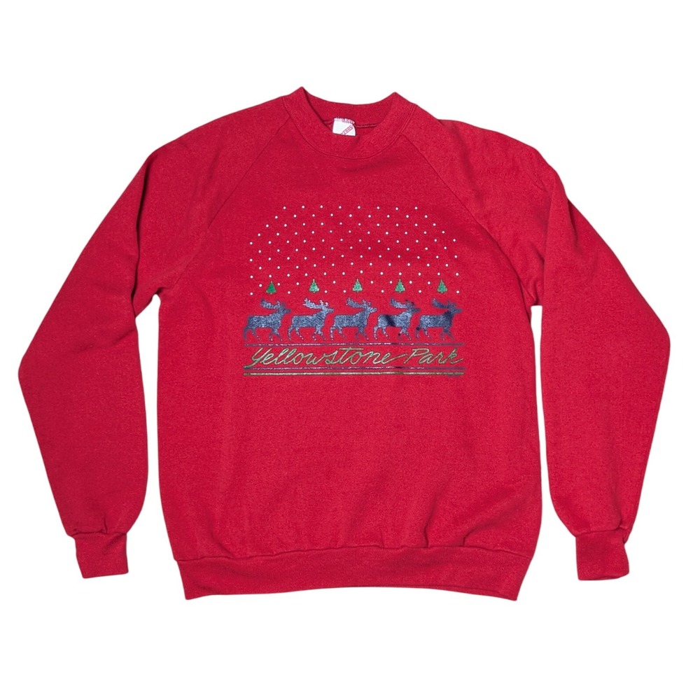 Vintage Jerzees U.S.A. Yellowstone Red Retro Christmas Sweater Reindeer Women XL